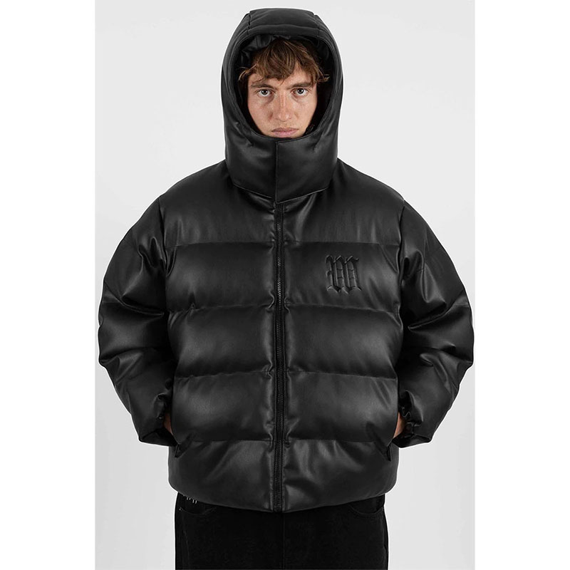 PUFFER HOOD FAUX LEATHER -BLACK-