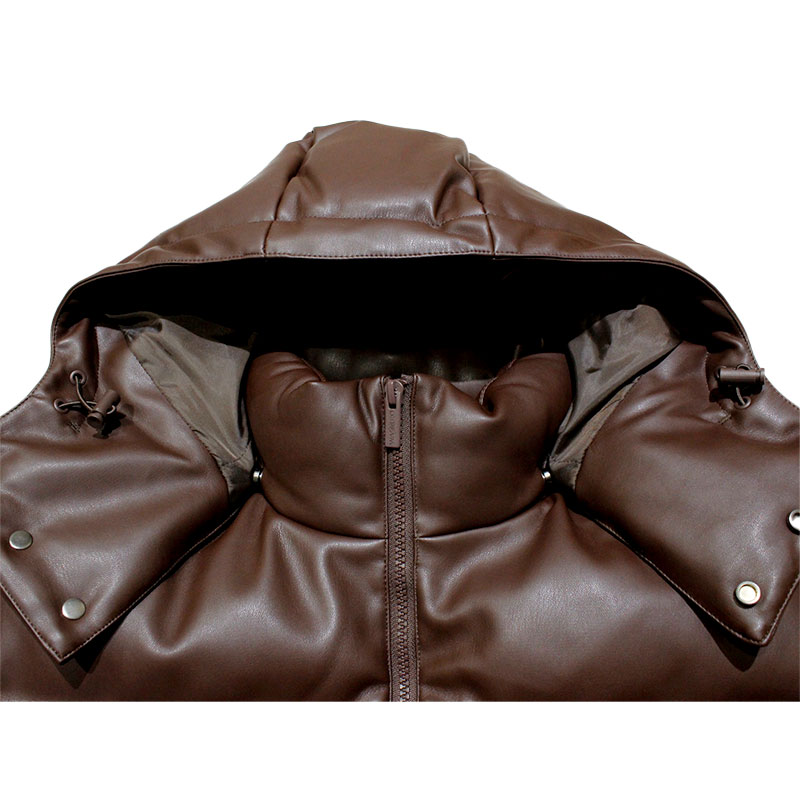 PUFFER HOOD FAUX LEATHER -BROWN-