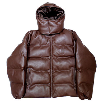 PUFFER HOOD FAUX LEATHER -BROWN-(XL)