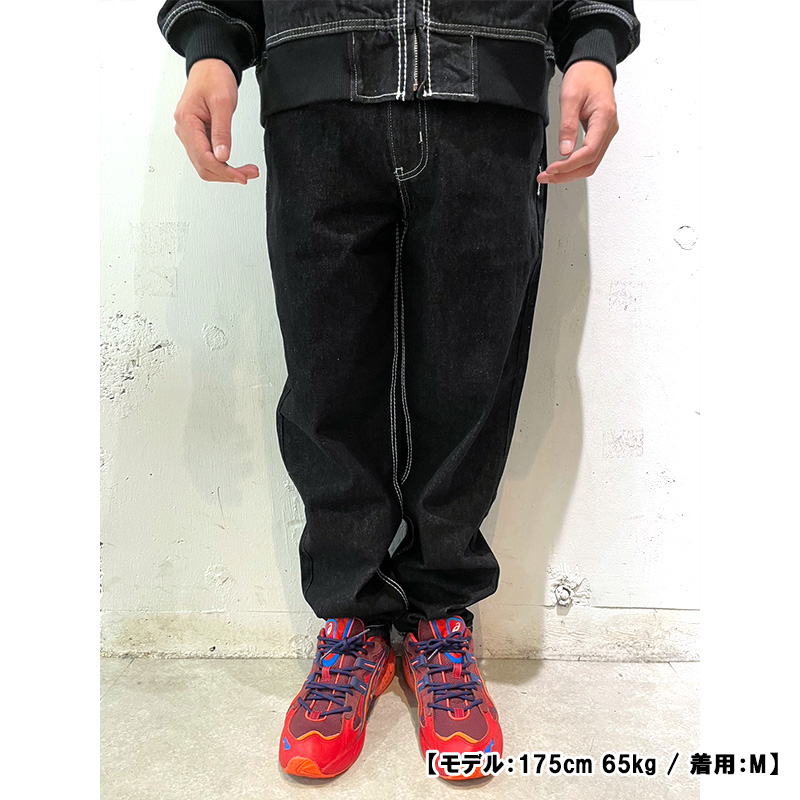 FAT STITCH DENIM PANTS -BLACK-