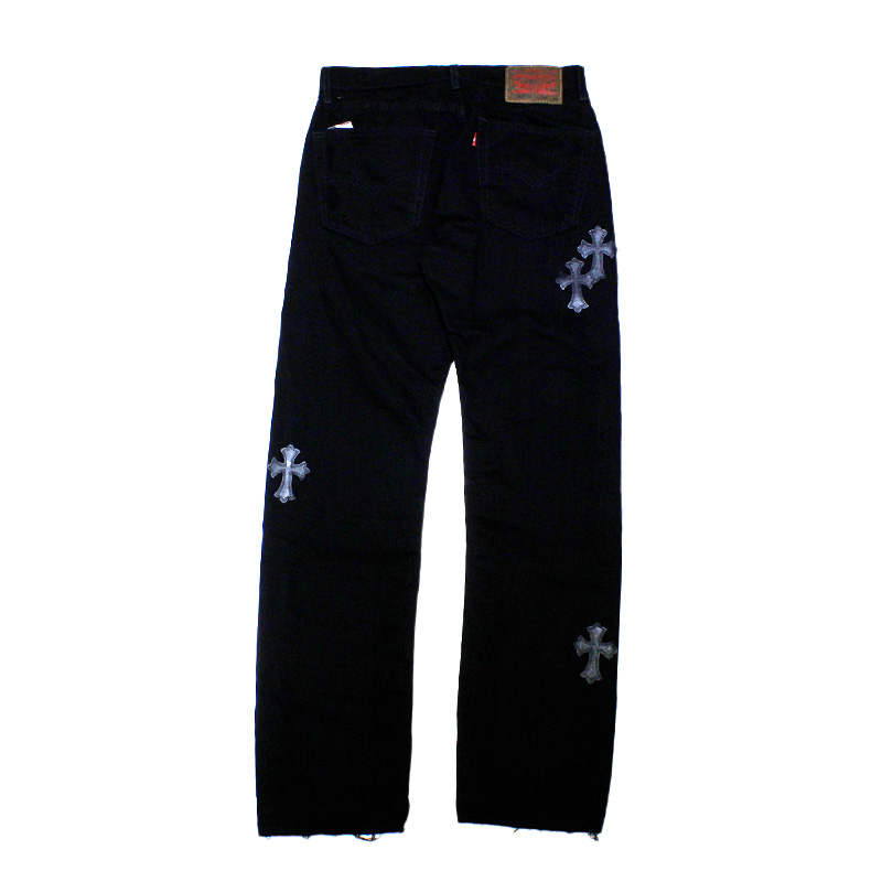 CROSS LEATHER DENIM PANTS -BLACK-