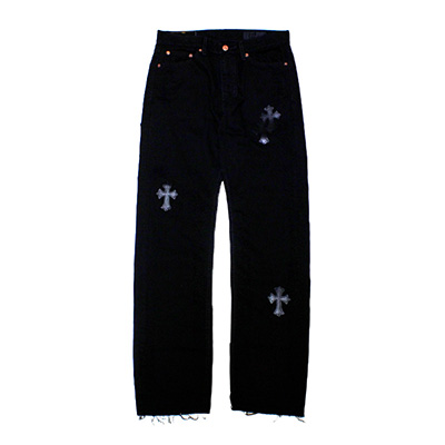 CROSS LEATHER DENIM PANTS -BLACK-