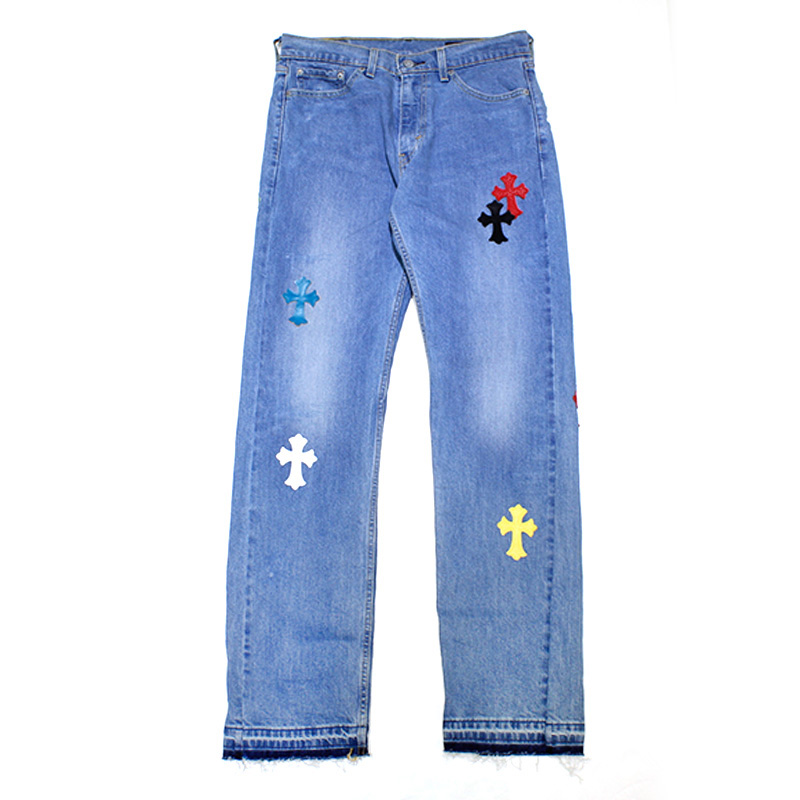 CROSS LEATHER DENIM PANTS -MULTI-