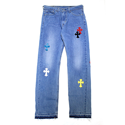 CROSS LEATHER DENIM PANTS -MULTI-