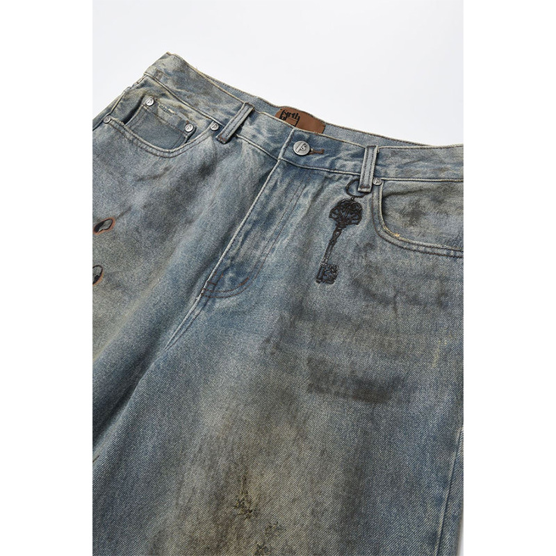 Dirty-Wished Brushing Wax Baggy Denim -BLUE-