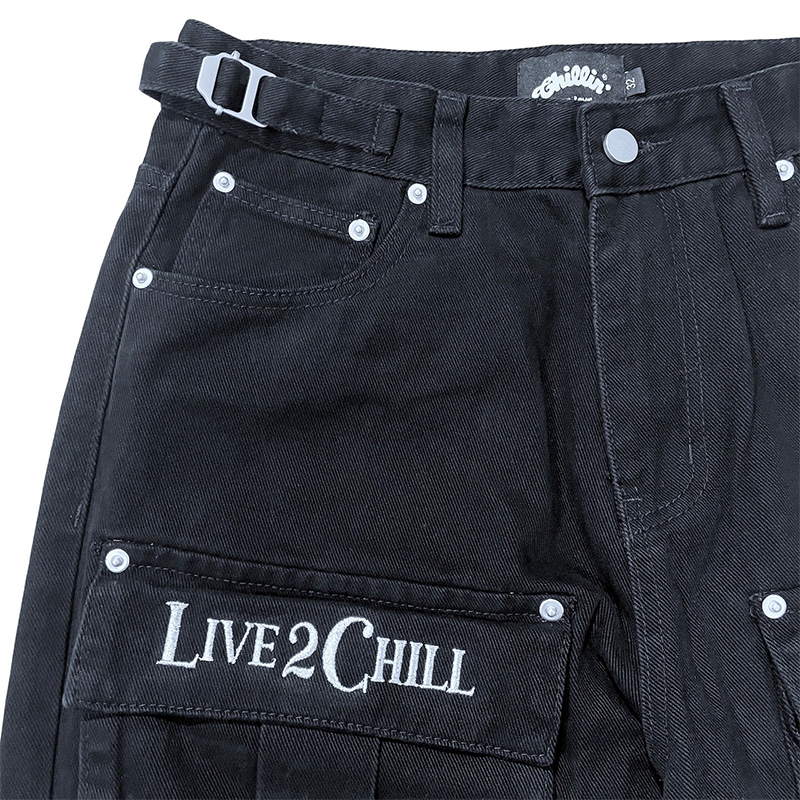 BLACK CARGO DENIM PANTS -BLACK-