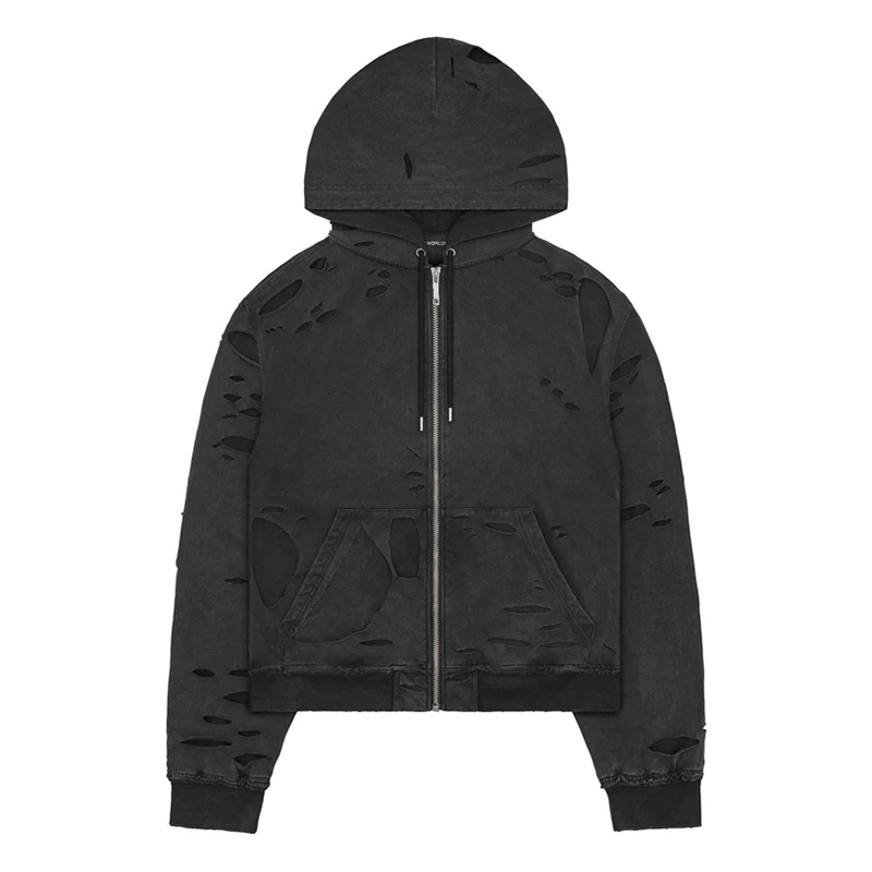 DISTRESSED 2LAYER HOODIE -BLACK-