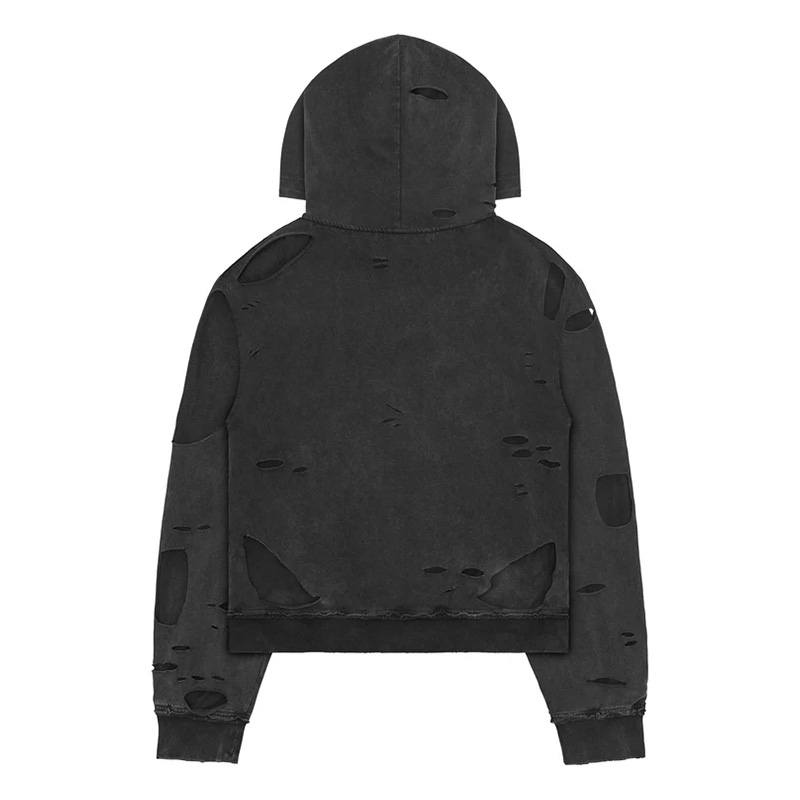 DISTRESSED 2LAYER HOODIE -BLACK-