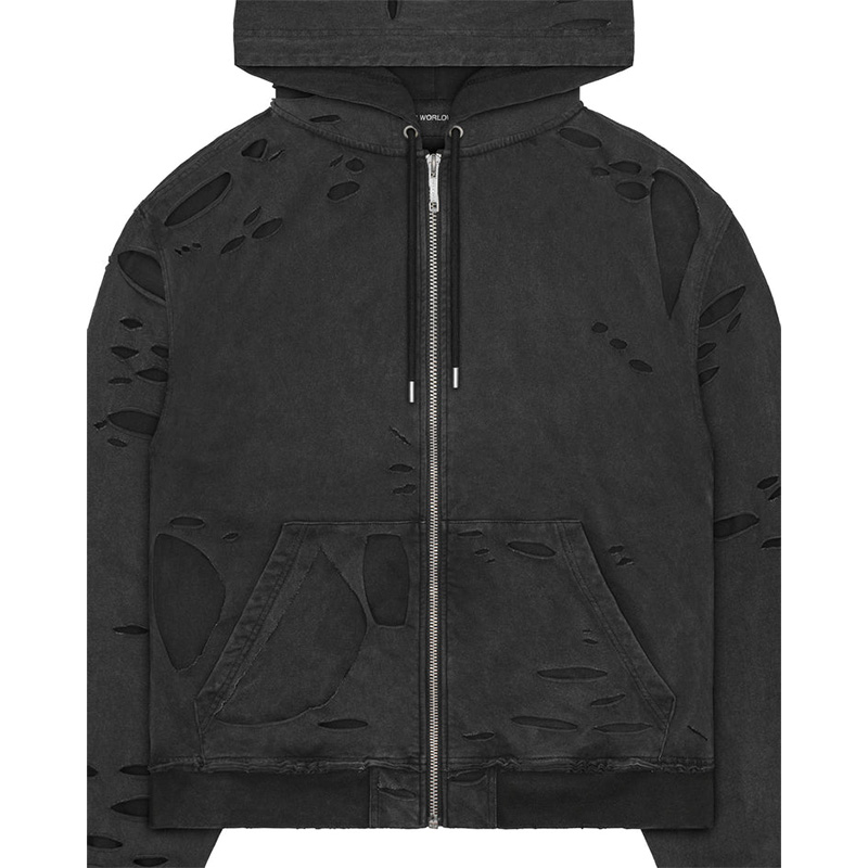 DISTRESSED 2LAYER HOODIE -BLACK-