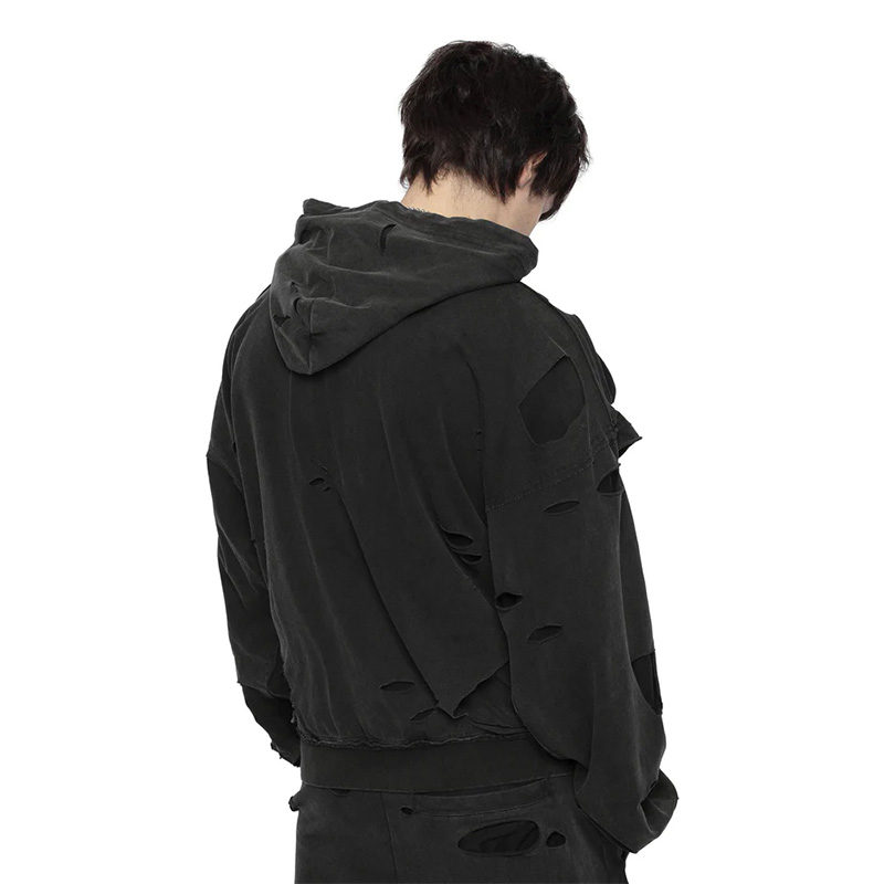 DISTRESSED 2LAYER HOODIE -BLACK-