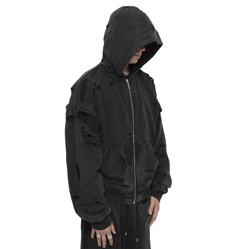 DISTRESSED 2LAYER HOODIE -BLACK-