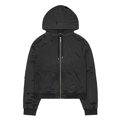 DISTRESSED 2LAYER HOODIE -BLACK-