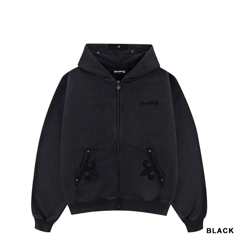 FLEUR LEATHER PATCH ZIP HOODIE -2.COLOR-