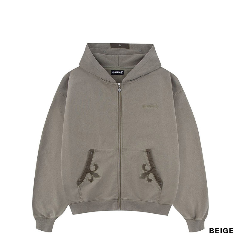 FLEUR LEATHER PATCH ZIP HOODIE -2.COLOR-