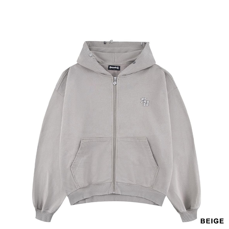 VINTAGE WASH PIERCED ZIP HOODIE -2.COLOR-