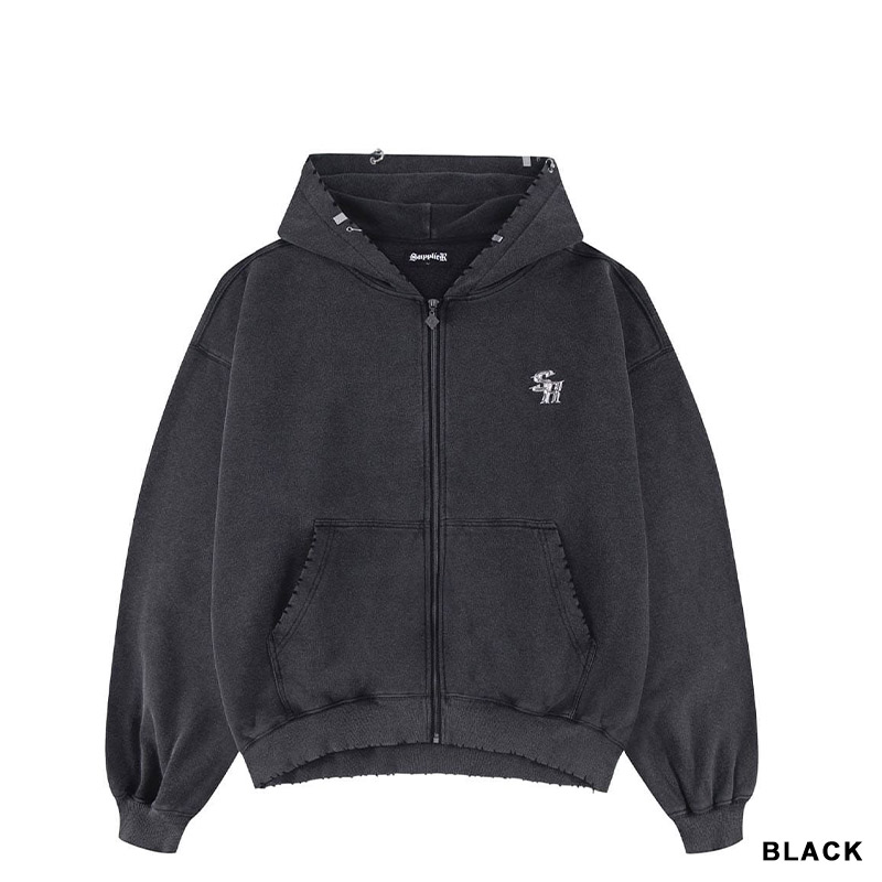 VINTAGE WASH PIERCED ZIP HOODIE -2.COLOR-