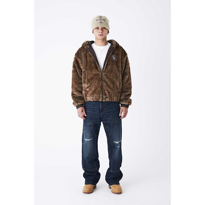 IRON LOGO FAUX FUR HOOD BLOUSON -BROWN-