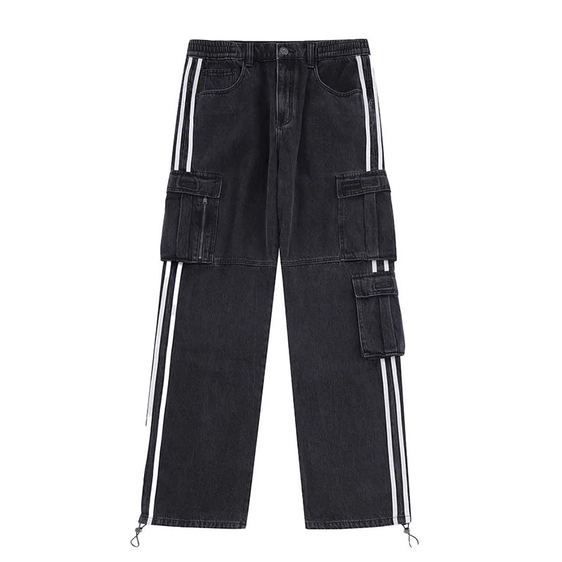 STRIPED CARGO DENIM PANTS -BLACK-