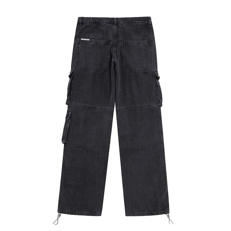 STRIPED CARGO DENIM PANTS -BLACK-