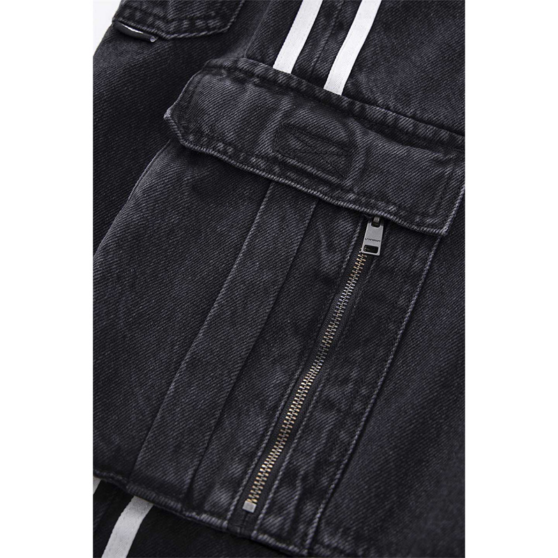 STRIPED CARGO DENIM PANTS -BLACK-