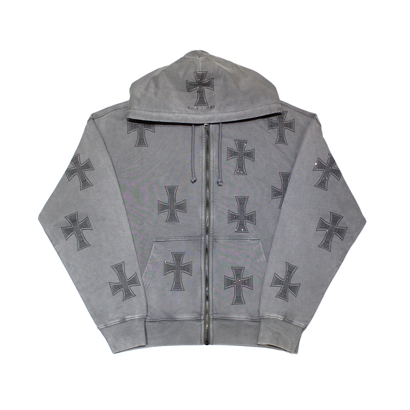 WASH GREY×BLACK CROSS ZIP HOODIE -GREY-