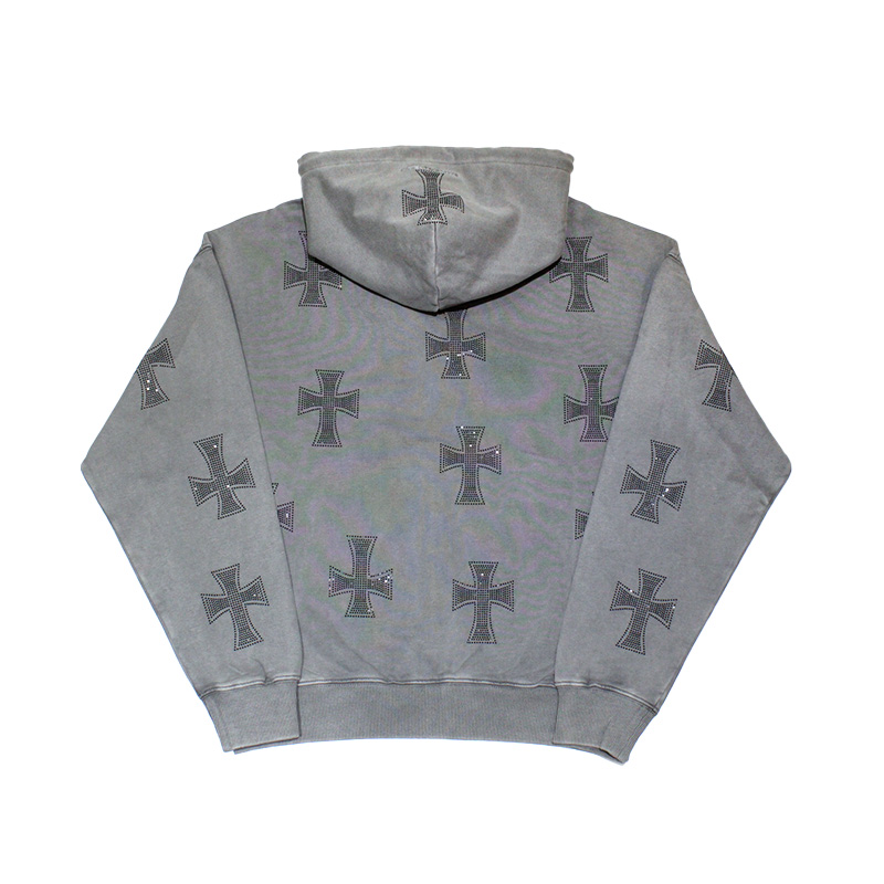 WASH GREY×BLACK CROSS ZIP HOODIE -GREY-