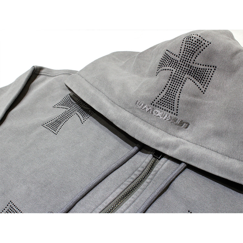 WASH GREY×BLACK CROSS ZIP HOODIE -GREY-