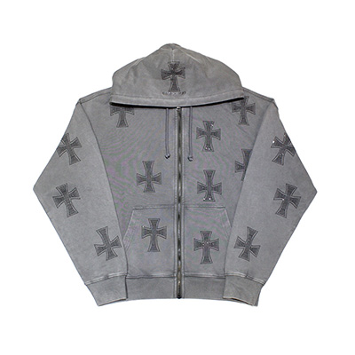 WASH GREY×BLACK CROSS ZIP HOODIE -GREY-