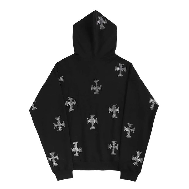 BLACK×SILVER RHINESTONE CROSS ZIP HOODIE -BLACK-