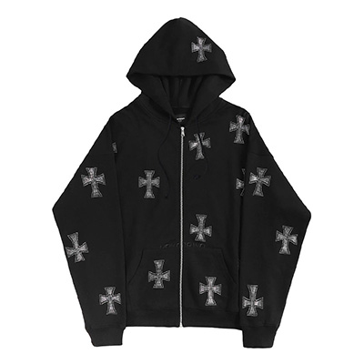 BLACK×SILVER RHINESTONE CROSS ZIP HOODIE -BLACK-