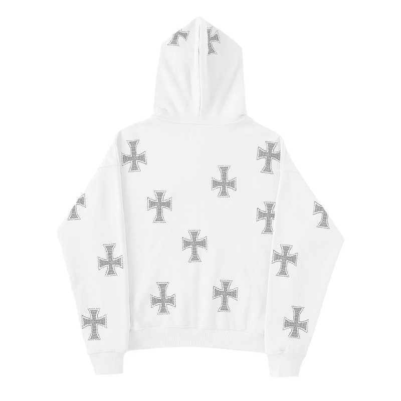 WHITE×BLACK RHINESTONE CROSS ZIP HOODIE -WHITE-