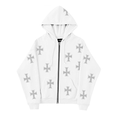 WHITE×BLACK RHINESTONE CROSS ZIP HOODIE -WHITE-