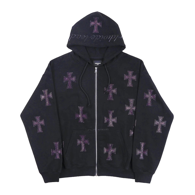 BLACK×PURPLE RHINESTONE CROSS ZIP HOODIE -BLACK-