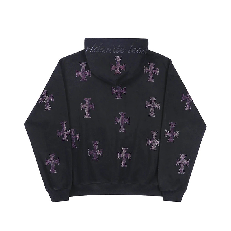 BLACK×PURPLE RHINESTONE CROSS ZIP HOODIE -BLACK-