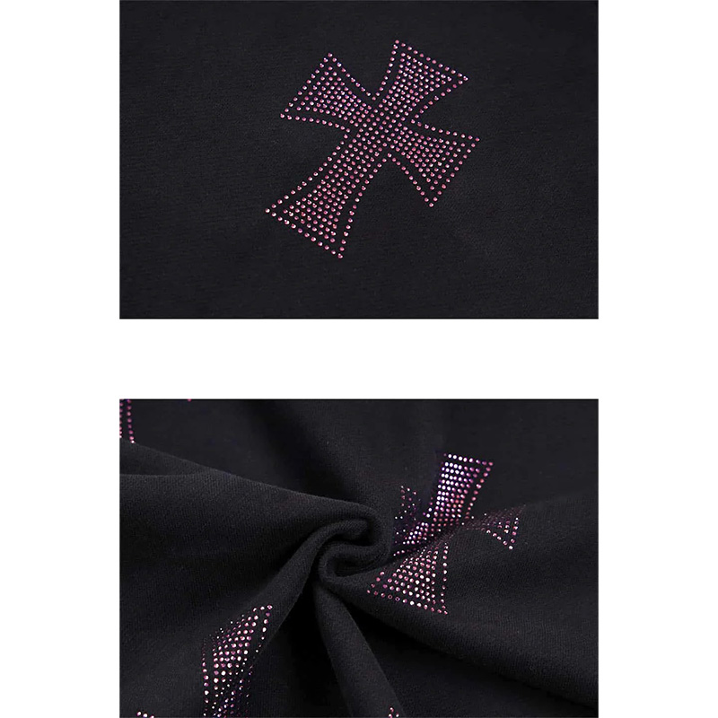 BLACK×PURPLE RHINESTONE CROSS ZIP HOODIE -BLACK-