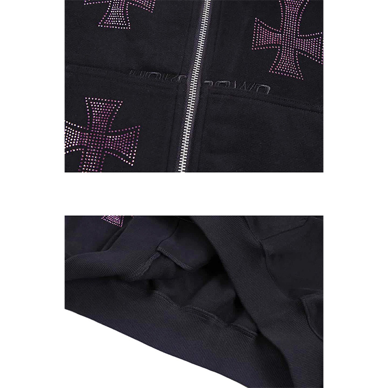 BLACK×PURPLE RHINESTONE CROSS ZIP HOODIE -BLACK-