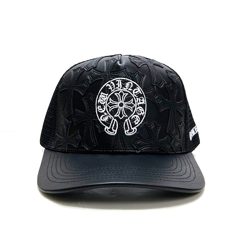 NEWVINTAGE NV CROSS EMBLEM LEATHER MESH CAP -BLACK-