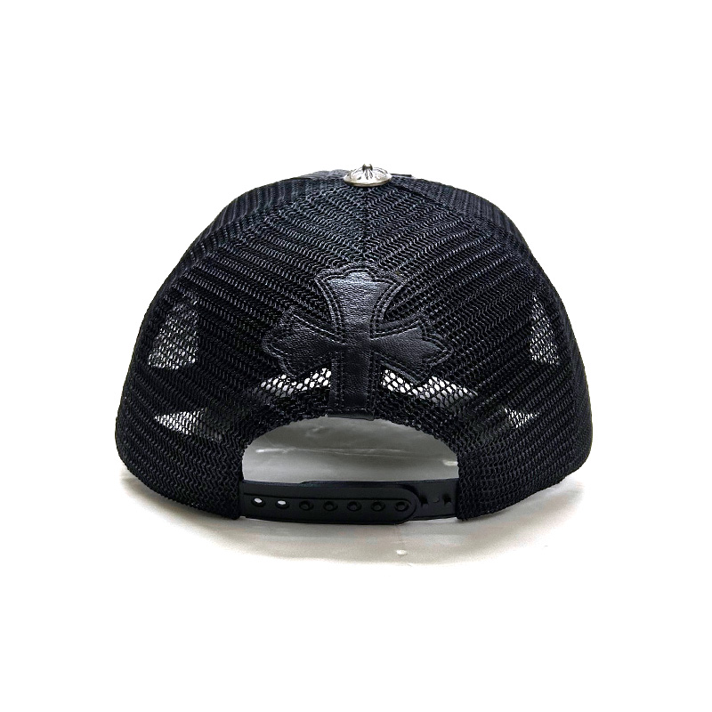NEWVINTAGE NV CROSS EMBLEM LEATHER MESH CAP -BLACK-