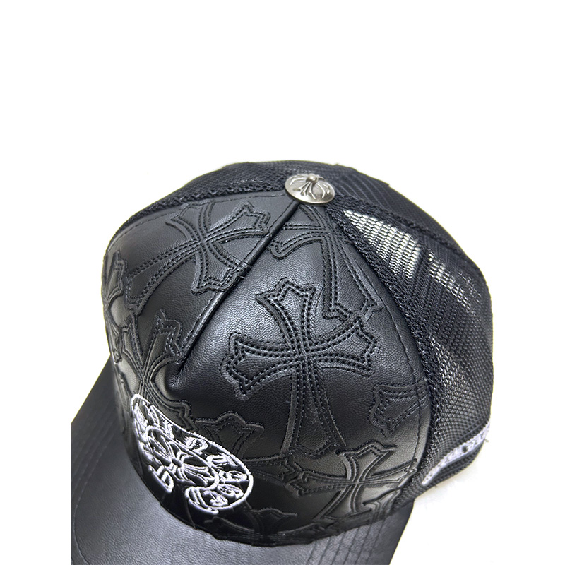 NEWVINTAGE NV CROSS EMBLEM LEATHER MESH CAP -BLACK-