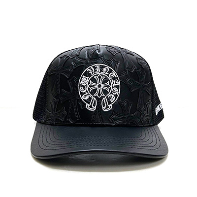 NEWVINTAGE NV CROSS EMBLEM LEATHER MESH CAP -BLACK-