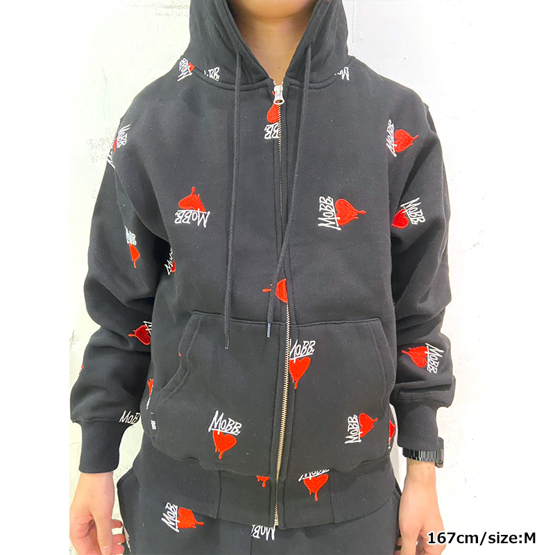 HEART DRIP PATTERN ZIP HOODIE -BLACK-