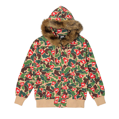 HEART DRIP CAMO FUR ZIP HOODIE -BEIGE-