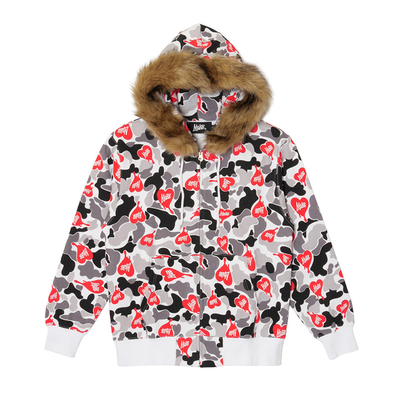 HEART DRIP CAMO FUR ZIP HOODIE -BLACK-