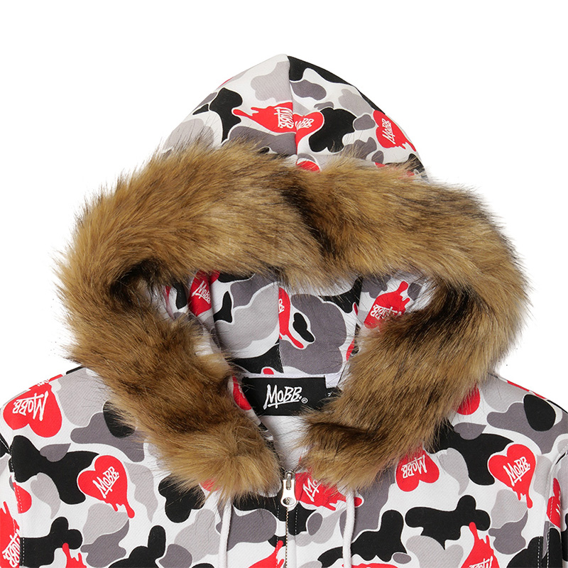 HEART DRIP CAMO FUR ZIP HOODIE -BLACK-