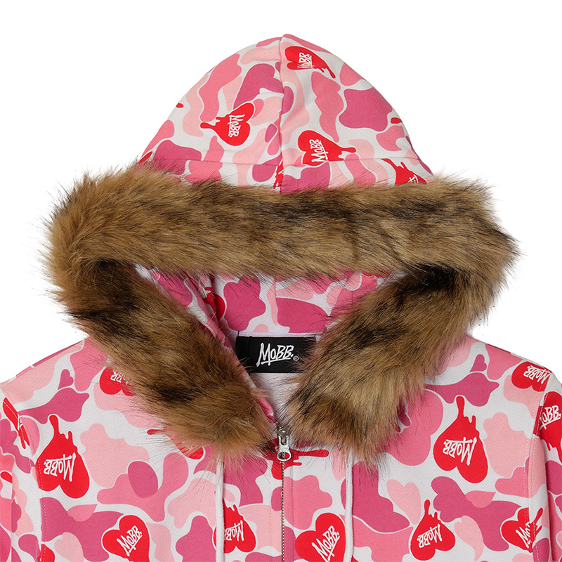 HEART DRIP CAMO FUR ZIP HOODIE -PINK-