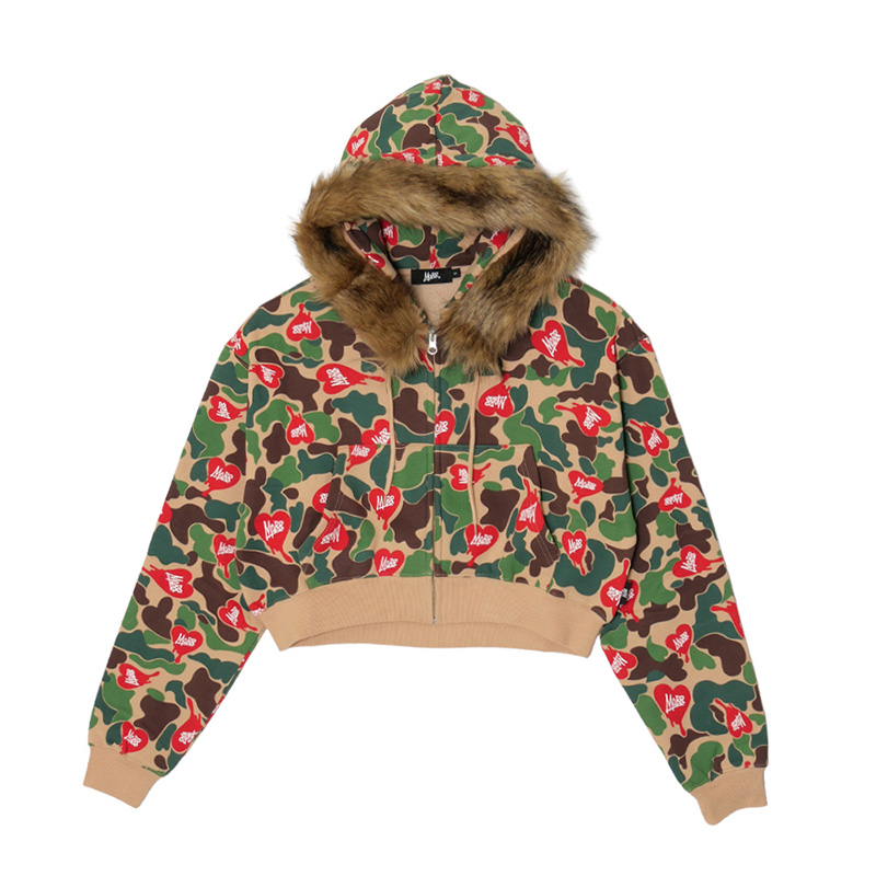 HEART DRIP CAMO FUR ZIP HOODIE -BEIGE- (LADIES)