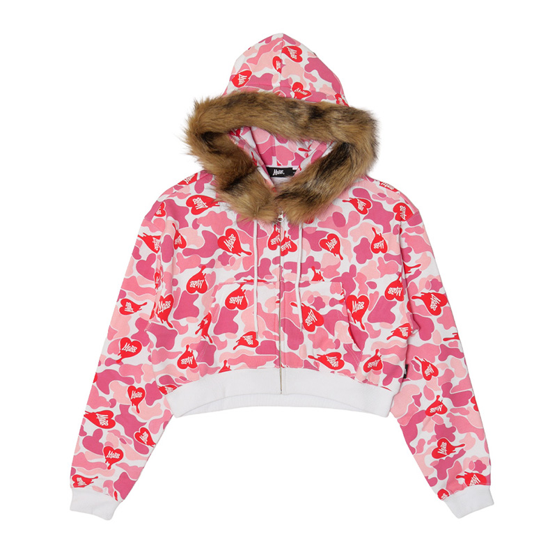 HEART DRIP CAMO FUR ZIP HOODIE -PINK- (LADIES)