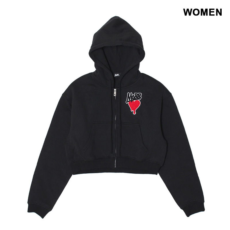 HEART DRIP WAPPEN CROPPED ZIP HOODIE -BLACK- (WOMEN)