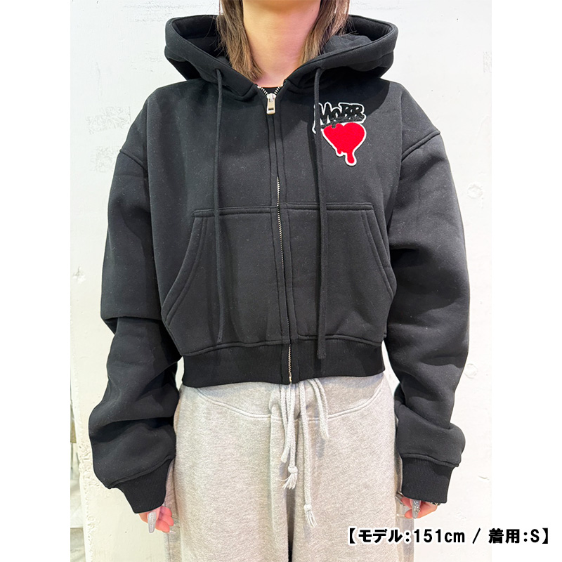 HEART DRIP WAPPEN CROPPED ZIP HOODIE -BLACK- (WOMEN)