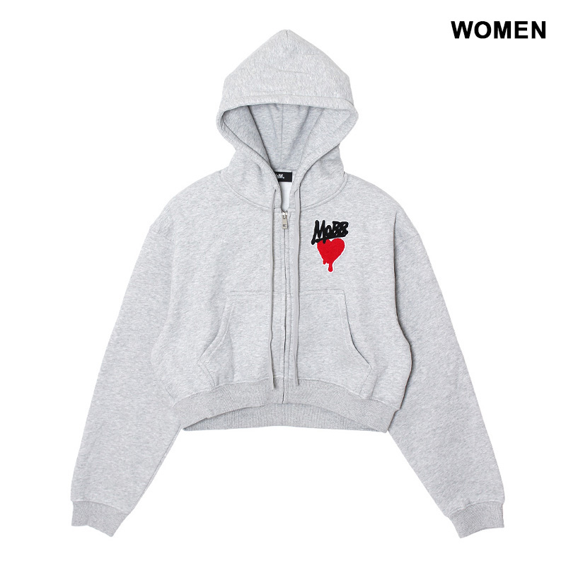 HEART DRIP WAPPEN CROPPED ZIP HOODIE -GREY- (WOMEN)